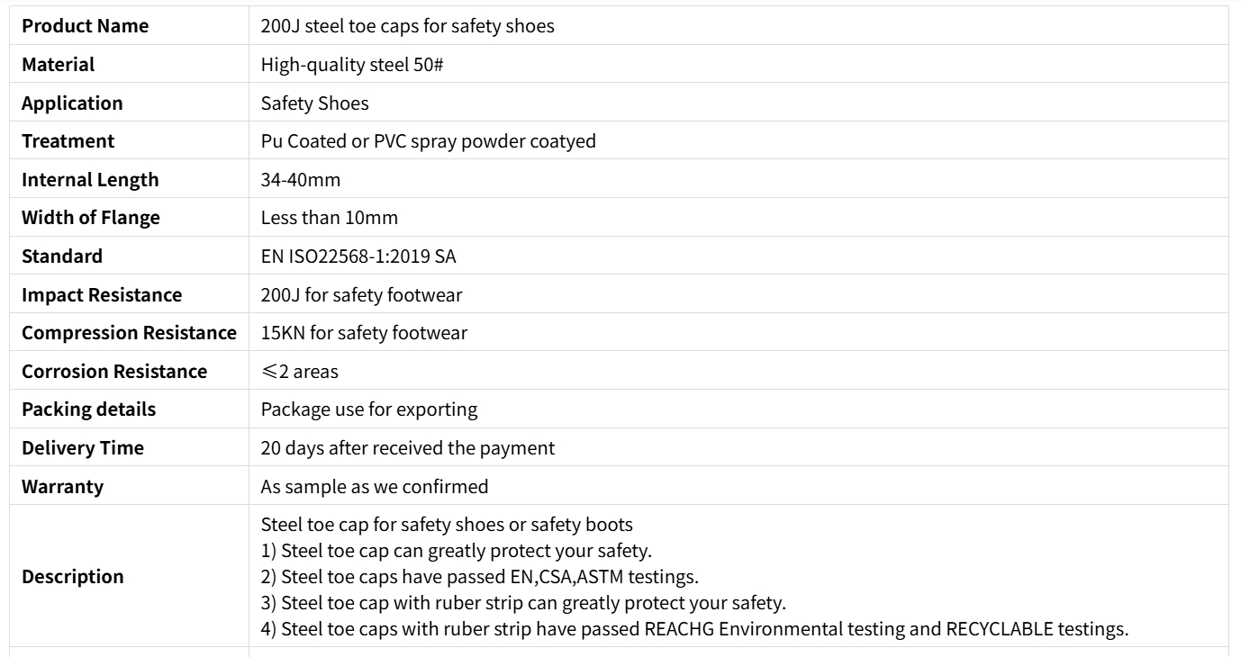 안전 신발을위한 200J 스틸 발가락 캡